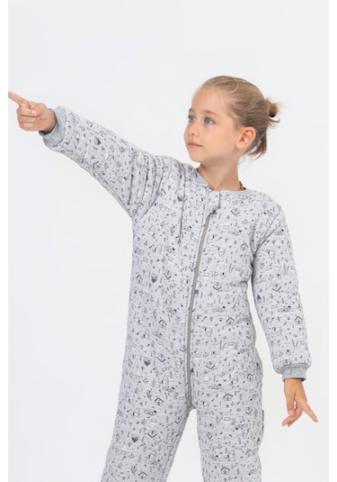 Kız Erkek Çocuk Kalın Elyaf Dolgulu Premium Kalite 2.5 Tog Desenli Uyku Tulumu Açık Gri