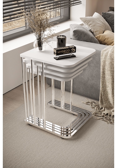 4'lü Tekerlekli Zigon Sehpa Gümüş Ayak Beyaz 18mm Mdf