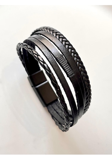 Hakiki Deri 5li Siyah Erkek Bileklik 21 Cm Türk El Üretimi Siyah