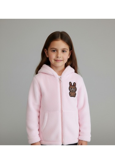 Labubu Nakışlı Pelüş Kapüşonlu Kız Çocuk Hırka Pembe