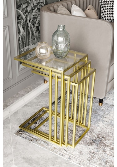 Dekoport Mira 3lü Zigon Sehpa C Sehpa - Yan Sehpa Gold Şeffaf Cam Gold Şeffaf