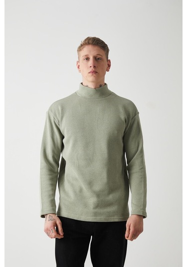 R-5849 Boğazlı Düz Örme Kazak Sweat Çağla Yeşili