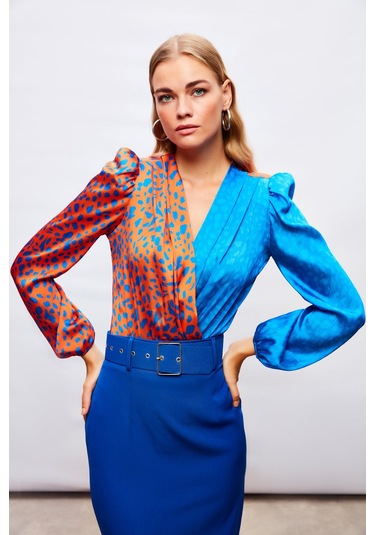 Sateen Kruvaze Desenli Bodysuit - Oranj-sax Mavi