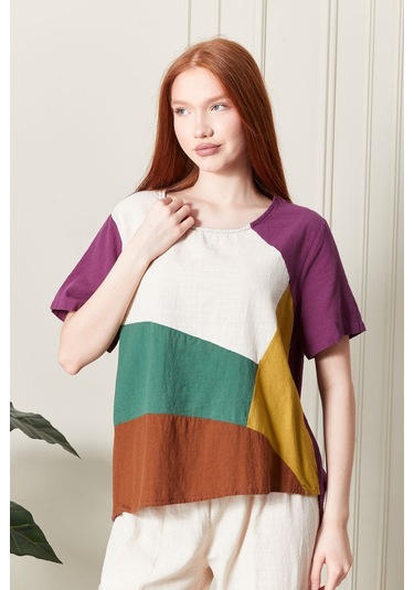 Keten Gökkuşağı Asimetrik Kesim Bluz Renkli Ve Şık Tasarım Mürdüm