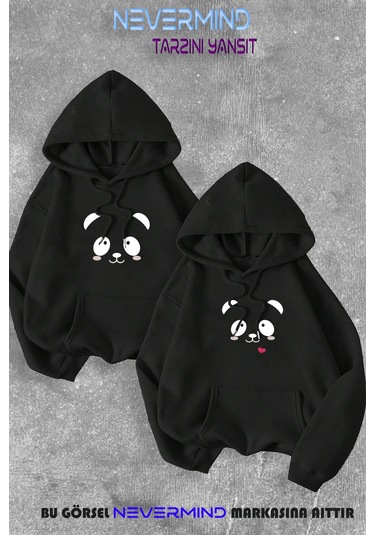 Nevermind Sevgili Çift Kombini Panda Baskılı Kapüşonlu Sweatshirt 2li Set T Siyah