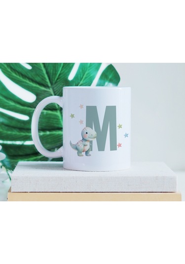 M Harfi Sevimli Dinozor Kupa Bardak - Açık Yeşil Yıldız Detaylı Dino Tasarım - Hediye Beyaz