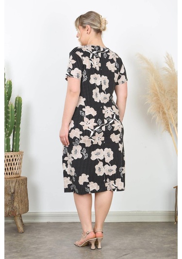 Kadın Siyah Vizon Sarmaşık Desen Midi Elbise Siyah - Turuncu