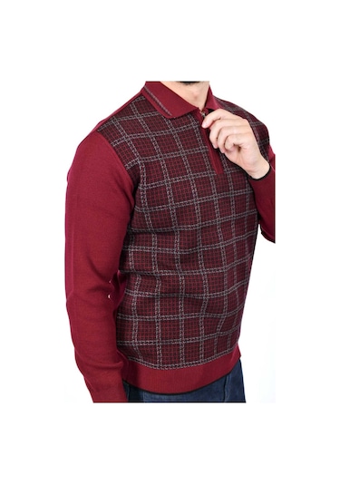 Kamalı Erkek Çelik Örgü Kazayağı Gömlek Yaka Fermuarlı Polo Yaka Tüylenmeyen Triko Kışlık Baba Kazak Bordo