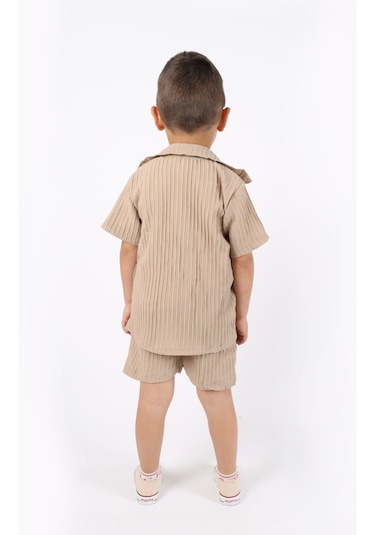 Aden Kids Erkek Çocuk Gömlek+sweatshirt Ve Cepli Şort Alt Üst Takım Bej