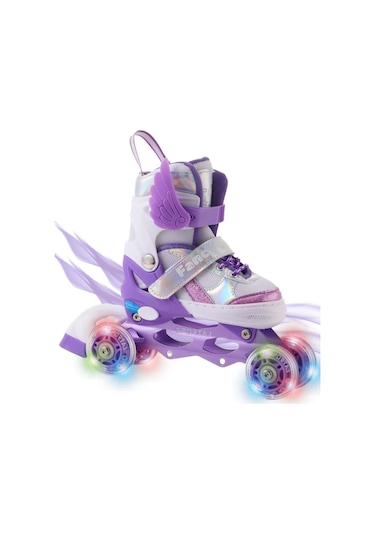 Melek Kanatlı Işıklı Çocuk Pateni Silikon Teker Ayarlanabilir Paten Taşıma Çantalı Lila Lila Mor