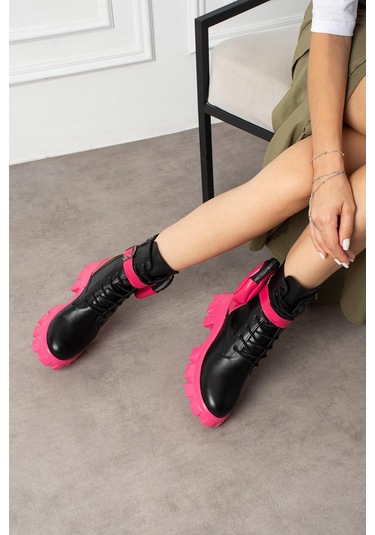 Shoetek Lorbi Kadın Bot Çantalı Postal Fuşya Tabanlı Siyah Deri Pembe