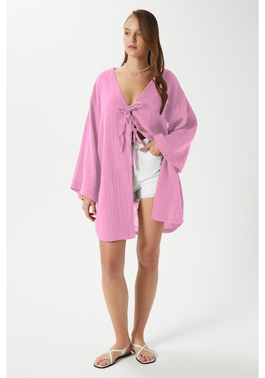 Ritnice Kadın Sandra %100 Pamuk Müslin Bağcıklı Pembe Kimono Pembe