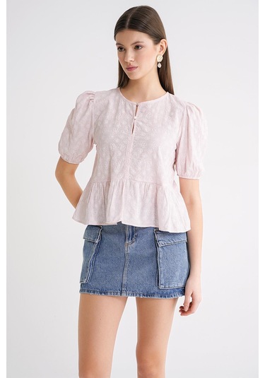 4688 Kadın Balon Kol Çiçek Desenli Peplum Bluz Pembe Pembe