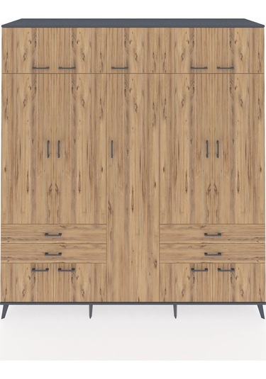 Kronos Dolap 12 Raflı 4 Çekmeceli 2 Askılı 220x59x243 Antrasit-çam/çam Atlas Çam/atlas Çam
