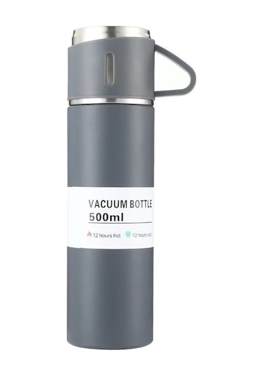 Ruicoo Çift Katmanlı Paslanmaz Çelik Termos, 12 Saat Sıcak/soğuk Tutar, 500ml Kapasite, Seyahat & Ofis İçin Gri