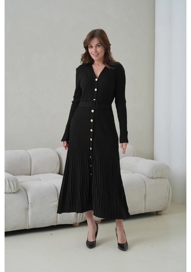 Kadın V Yaka Ful Düğme Kapama Kemer Detay Maksi Boy Fitilli Triko Elbise Siyah