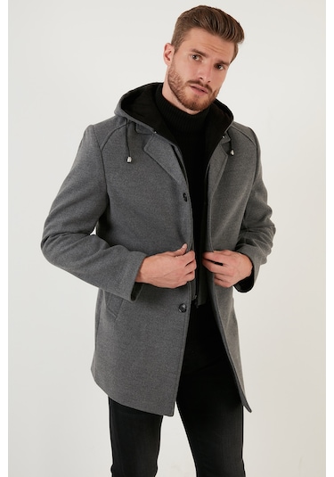 Buratti Çıkarılabilir Kapüşonlu Kırçıllı Slim Fit Kaşe Erkek Kaban 5841013 Açık Gri