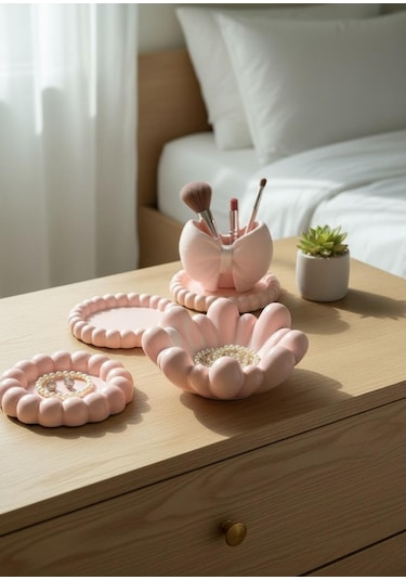 Dekoratif Pembe 4 Lü Set Takı Tab Ağı,fırçalık Organizer 4 Adet