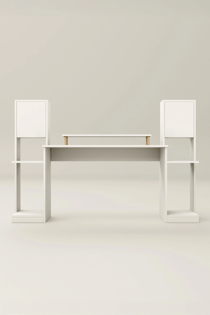 Throne Dolaplı, Kitaplıklı, Raflı Çalışma Masası, Bilgisayar Masası, Çocuk Çalışma Masası Beyaz Beyaz