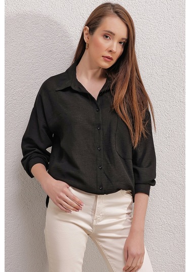 Bigdart 20153 Tek Cepli Oversize Gömlek - Siyah 001