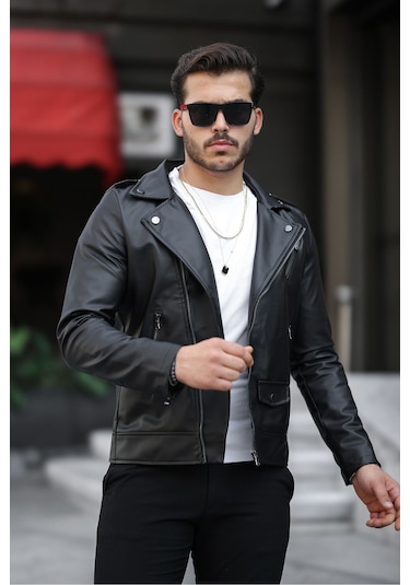 Erkek Çapraz Fermuarlı Deri Ceket Siyah