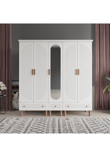 Beenal Furkan 5 Kapaklı Gardırop, Çekmeceli Dolap 200cm Beyaz-Beyaz