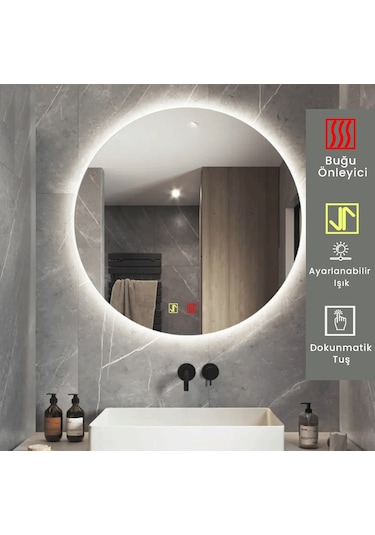 90 Cm Çap Buğu Çözücülü Dokunmatik Işıklı Ledli Yuvarlak Banyo Aynası