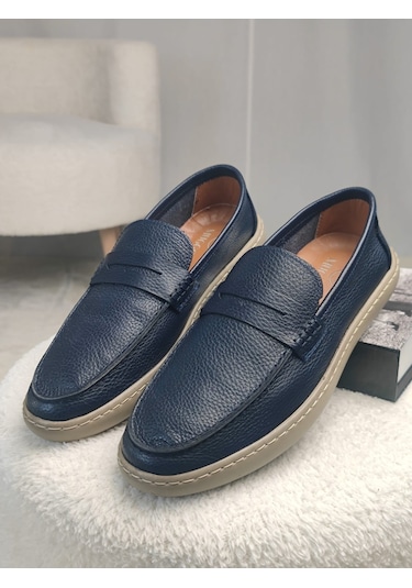 Muggo Harnaz Bağcıksız Hakiki Deri Erkek Günlük Casual Ayakkabı Lacivert