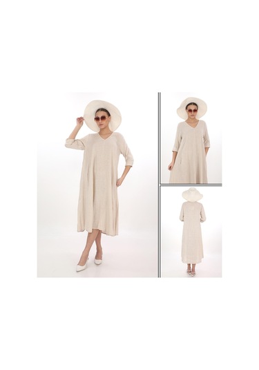 İtalyan V Yaka Uzun Kol Keten Elbise-8907 KREm Krem