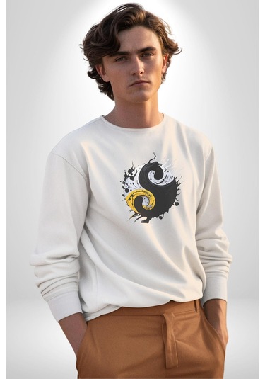 Yin İle Yang Kuramı Unisex Beyaz Baskılı Sweatshirt Beyaz