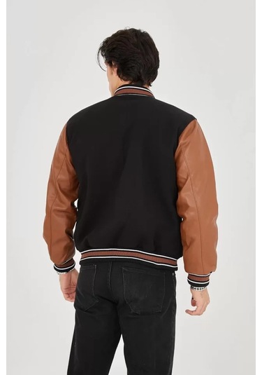 Erkek İçten Elyaf Ve Astarlı Kolları Suni Deri Ceket - Kahverengi Çok Renkli