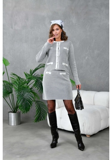 Kadın Düğme Detay Etekli İkili Triko Takım Taş