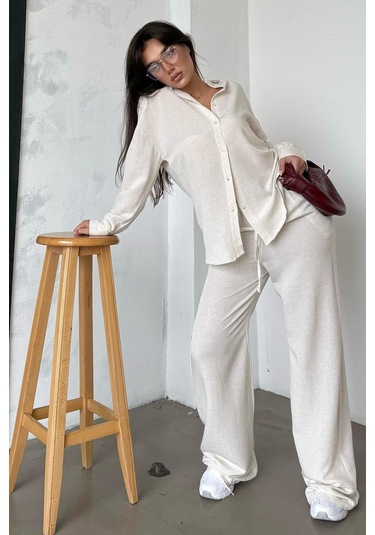 Madmext Karmelanj Keten Kadın Gömlek Pantolon İkili Takım Mg2356 Karmelanj