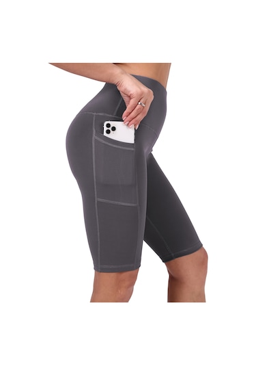 Beş Puan Spor Şort Kadın Yan Cebi Kalça Dar Ve Elastik Koşu Spor Sıcak Pantolon Yüksek Bel Yoga Şort Gri - Beyaz