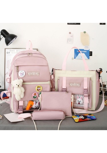 Mufunye Klasik Kumaş Çanta Seti Sırt Çantası + El Çantası + Clutch + Kalem Kutusu - Pembe Renkli Yumuşak Dokuma, Geniş Kapasite, Sevimli Ayı Figürü İle Dekore Çok Renkli