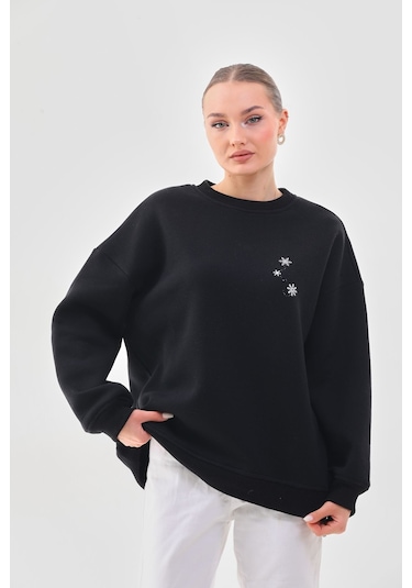 Kallima Oversize Baskılı İçi Polarlı Siyah Kadın Sweatshirt Siyah