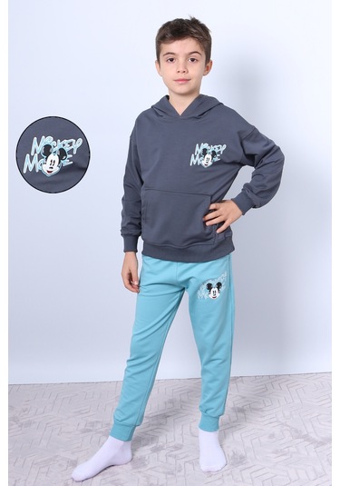 Erkek Çocuk Kapşonlu Eşofman Takımı Mickey Mouse Sırt Baskılı Ribanalı F3 Turkuaz