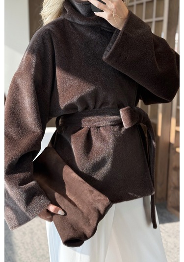 Acı Kahve Yaka Düğmeli Kuşaklı Peluş Ceket - 1624 Acı Kahve