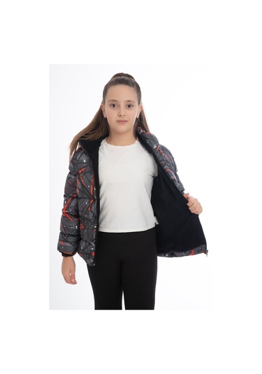 Kız Çocuk Siyah Geometrik Desen İçi Polar Su Ve Rüzgar Geçirmez Kapüşonlu Cepli Şişme Kışlık Mont Siyah