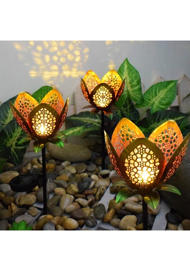 Yifomall Güneş Enerjili Altın Sarı Demir Çelik Delikli Çiçek Desenli Bahçe, Ev Bahçesi Ve Peyzaj Dekorasyonu İçin Dış Mekan Toprak Takılı Led Işık