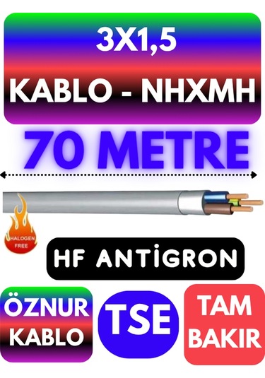 Öznur 3x1,5 Nhxmh Alev İletmez Kablo Metre Seçenekli Gri - 70 Metre