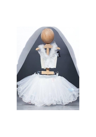 Kız Çocuk Kelebek Desenli Pullu Croplu Tütü Etekli Takım-15462 Beyaz