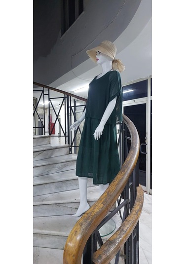 İtalyan Müslin Keteni Üstü File Bluzlu Astarlı Tek Parça Elbise Zümrüt Yeşili