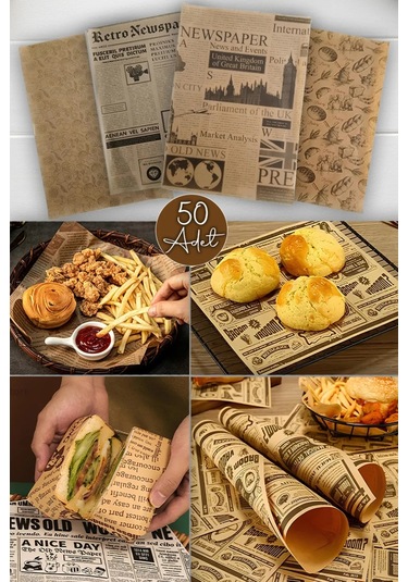 50 Adet Kendinden Desenli Yağlı Kağıt Vintage Gazete Desen Servis