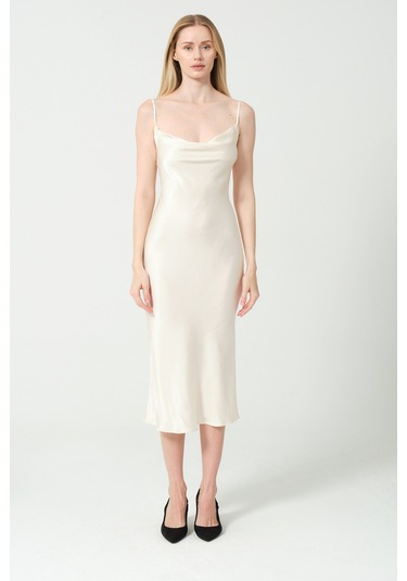 Degaje Döküm Saten Midi Elbise KREm Krem