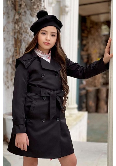 Riccotarz Kız Çocuk Üzeri Dantel İşlemeli Elbise Çift Cep Detaylı Kemerli Siyah Trençkot Siyah