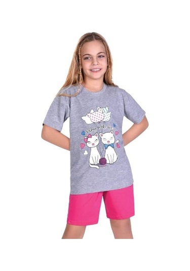 Kedili Kısa Kollu Kız Çocuk Pijama Takım Gri