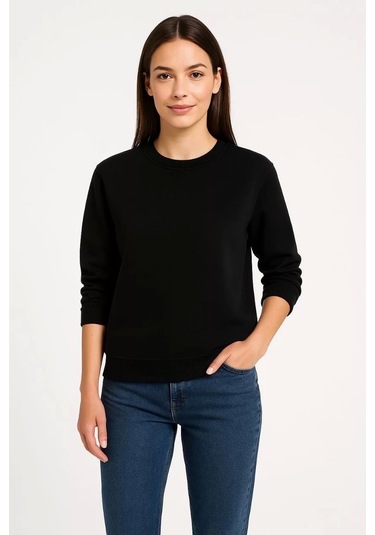 Kadın Üç İplik Düz Bisiklet Yaka Sweatshirt - Siyah Siyah