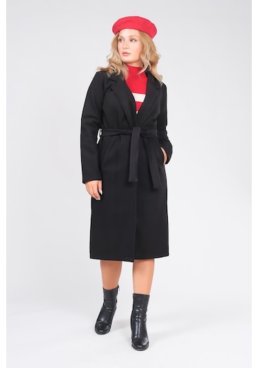 Giyim Dünyası Kadın Astarsız Kuşaklı Kaşe Kaban Siyah 001