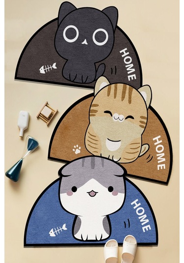 Decomia Home DC8035 Yıkanabilir Kedili Banyo Halısı Paspas Tek Parça Oval 80x100 Kahve Kahverengi